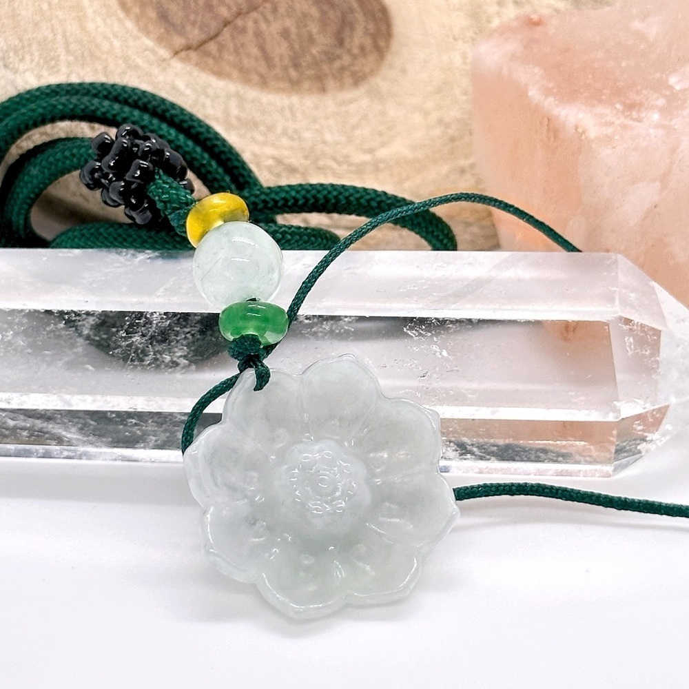 BURMESE Icy Green Grade A Jadeite Jade Hand Carved Lotus Flower Necklace